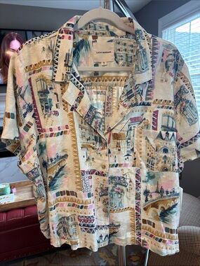 Lucky Brand Linen Blend NWT Camp Shirt with Multicolor Scenic Motif